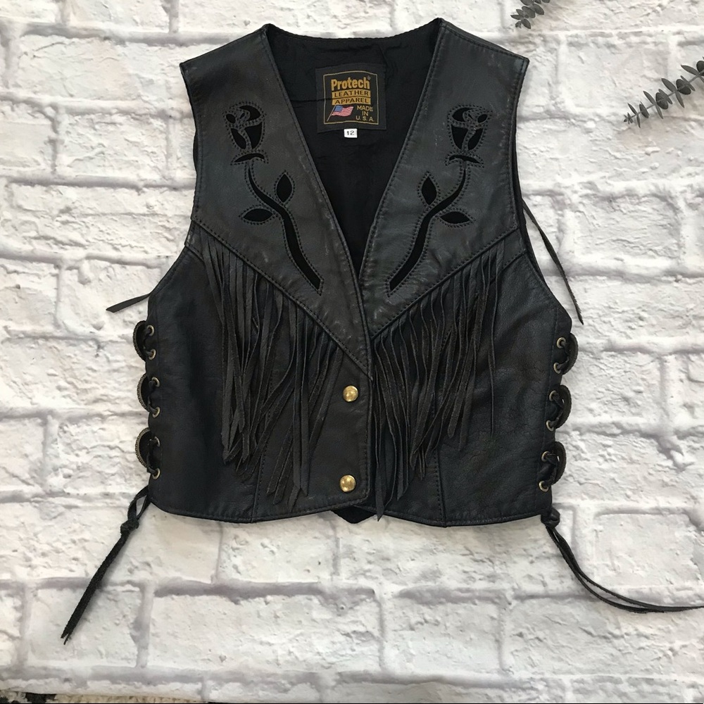 Protech Leather Adjustable Apparel Fringe Biker Vest Size 12